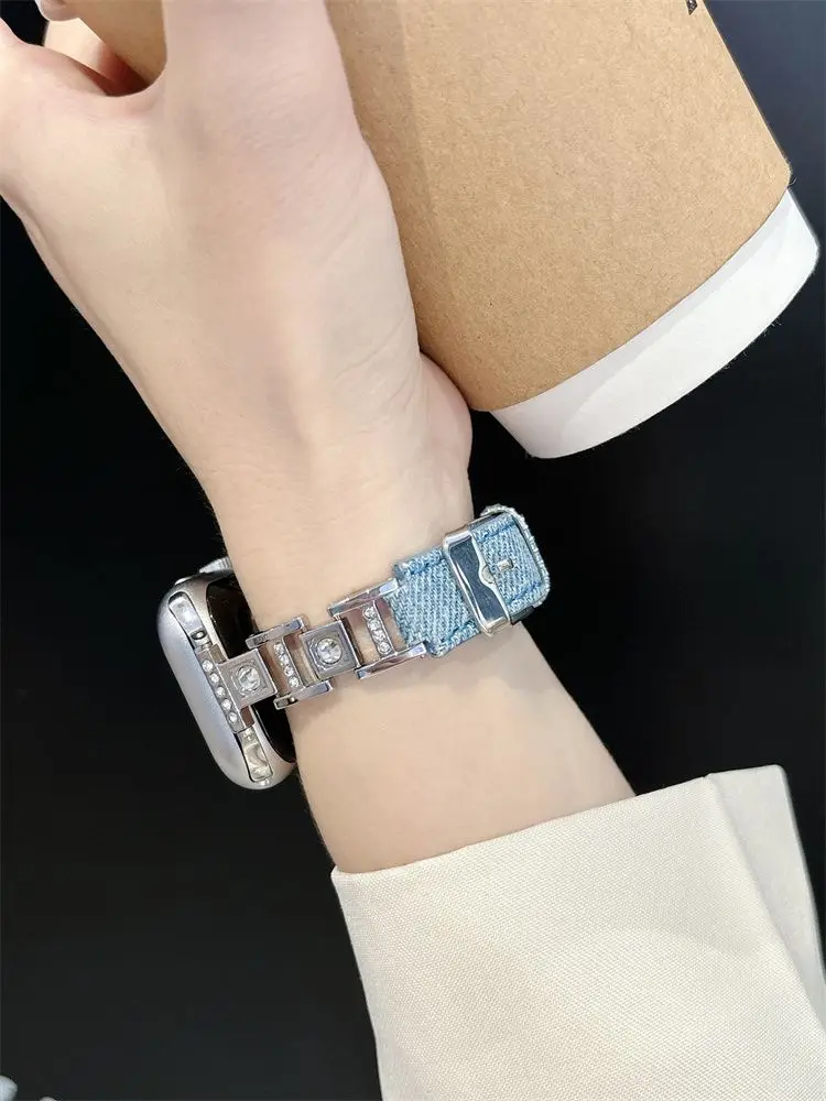 Pulsera de metal Haoshi con empalme de vaquero, compatible con correa iWatch de 38 mm, 40 mm, 41 mm, 42 mm, 44 mm, 45 mm y 49 mm, correa hecha a mano de moda