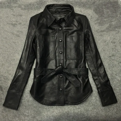 2023 Fashion Autunm Winter Women Black Genuine Leather Motorcycle Natural Sheepskin Coat Female Jackets 0211