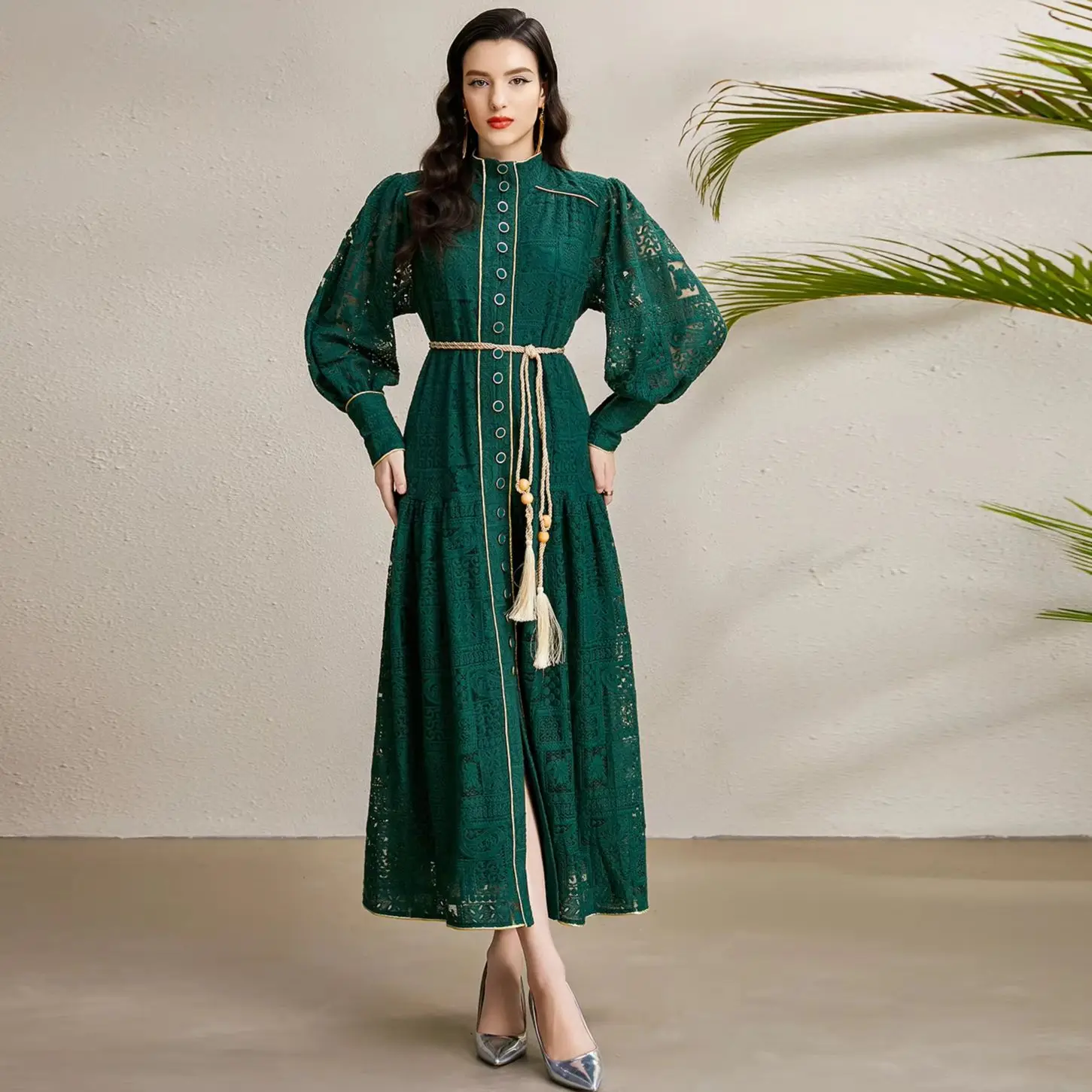 

Women Retro Hollow Lace Embroidery Maxi Dress Stand Collar Single Breasted Long Lantern Sleeve Tassel Woven Belt Formal Vestidos