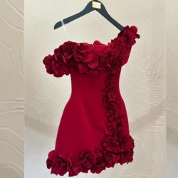 Exquisite Jersey Flower Applique Handmade Flower A-line Sheer Straps One-shoulder Mini Dresses Homecoming Dresses Simple