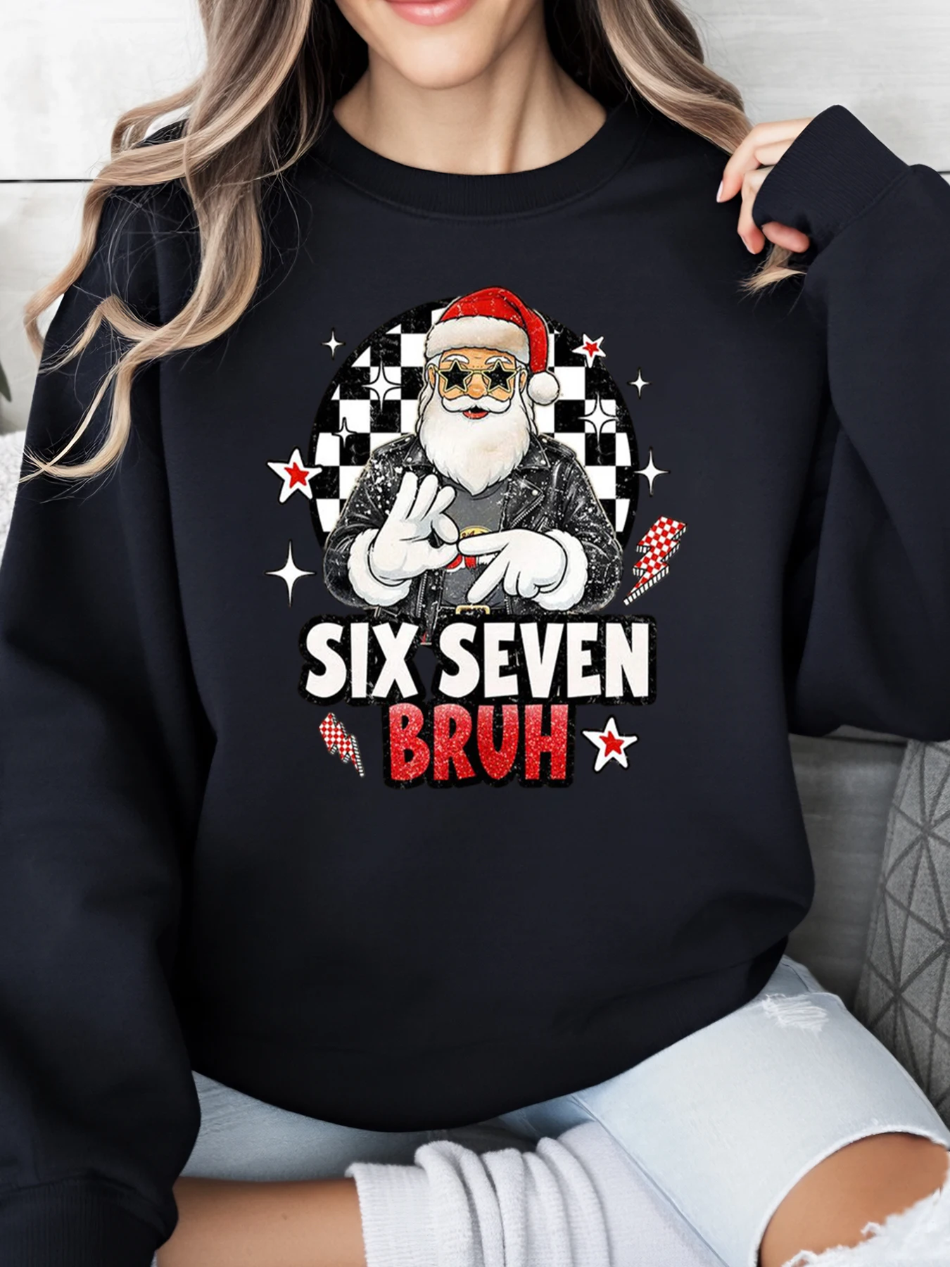선글라스를 쓴 산타클로스 Six Seven Bruh 크리스마스 스웨트셔츠 여성 캐주얼 홀리데이웨어 블랙 플러스 사이즈
