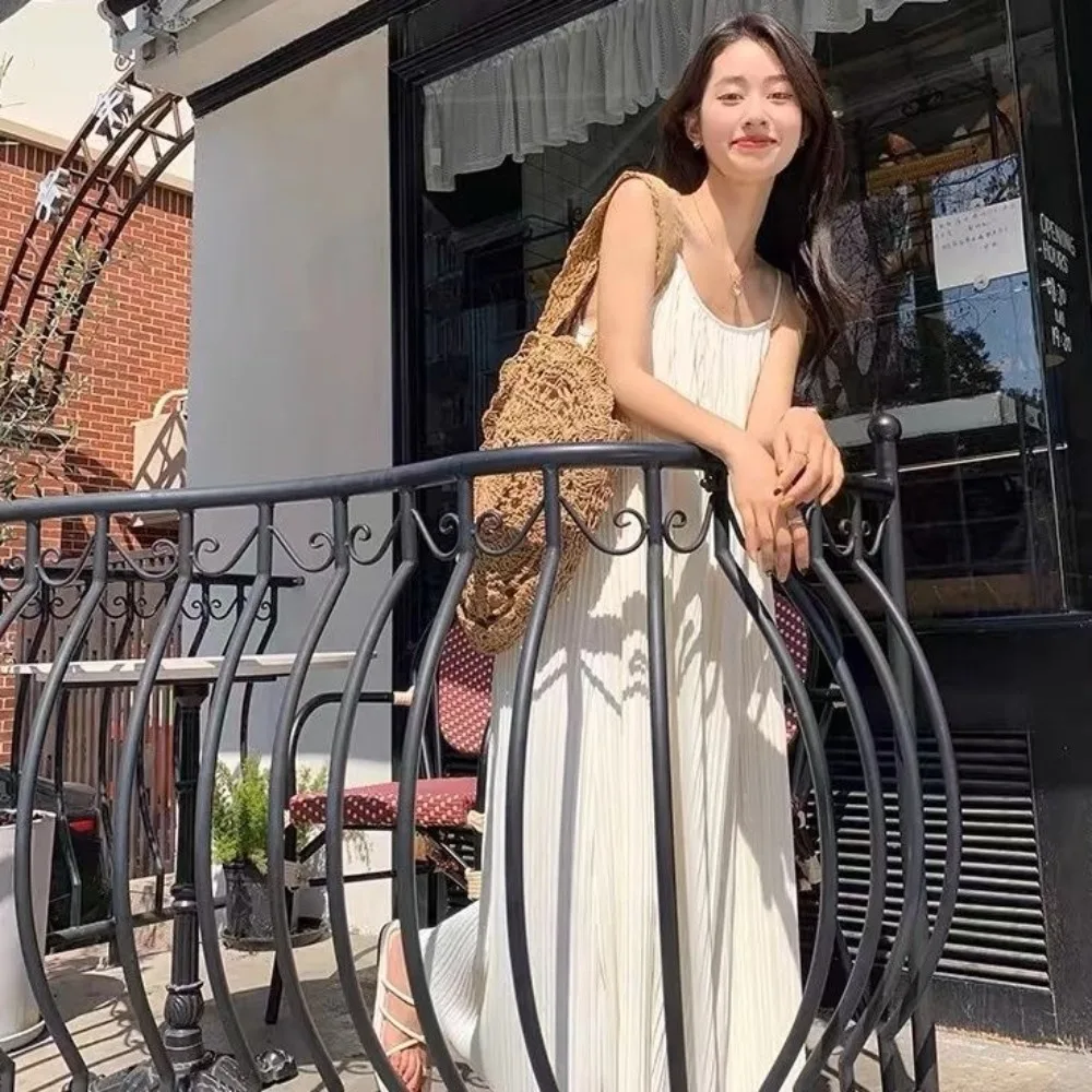 

Elegant A-line Loose Sling Dress Round Neck Beachwear Sleeveless Long Dress Solid Color Beach Vacation Sundress Summer