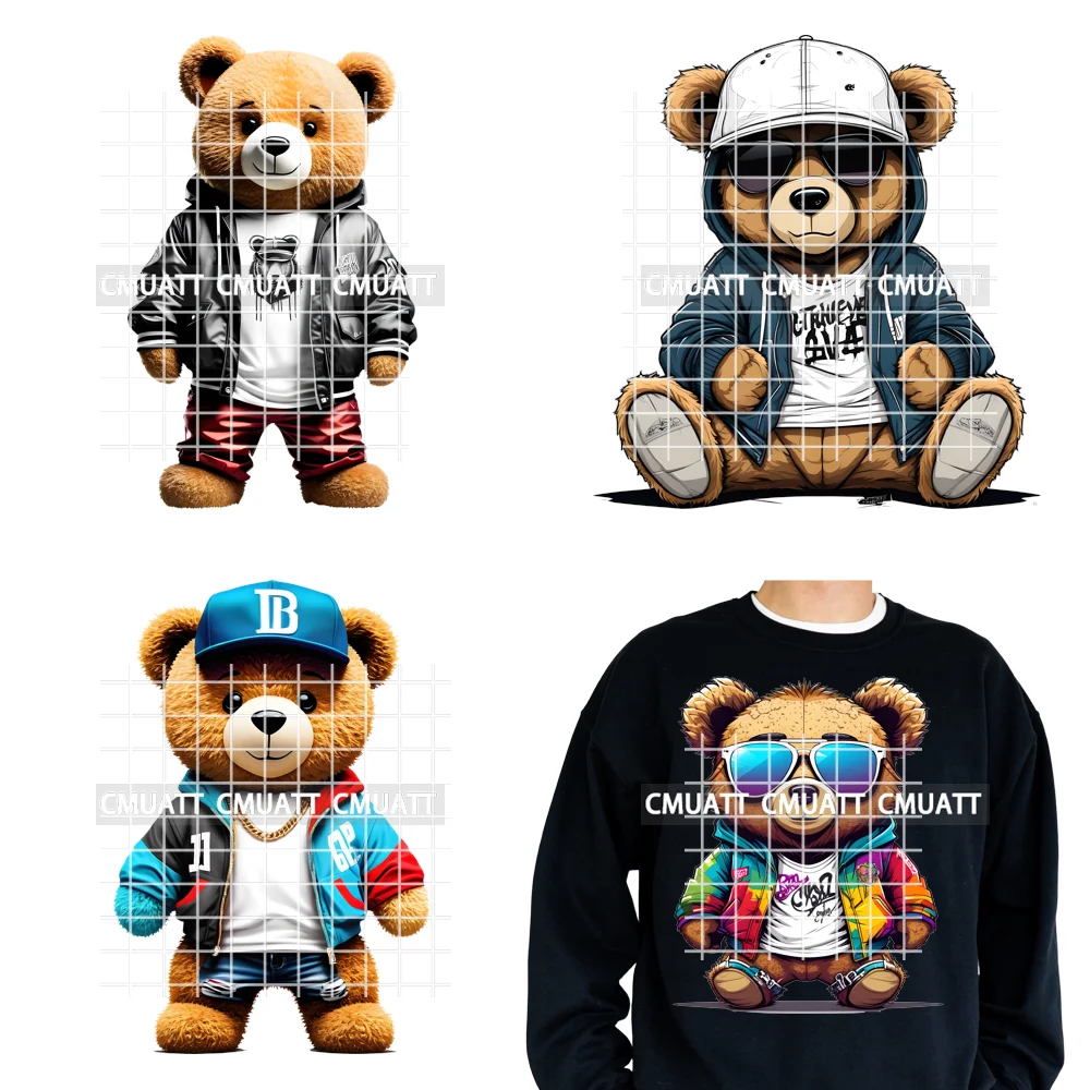 

12in Cool Colorful Urban Streetwear Graffiti Teddy Bear Iron On DTF Washable Transfers Stickers Ready to Press For Man Clothes