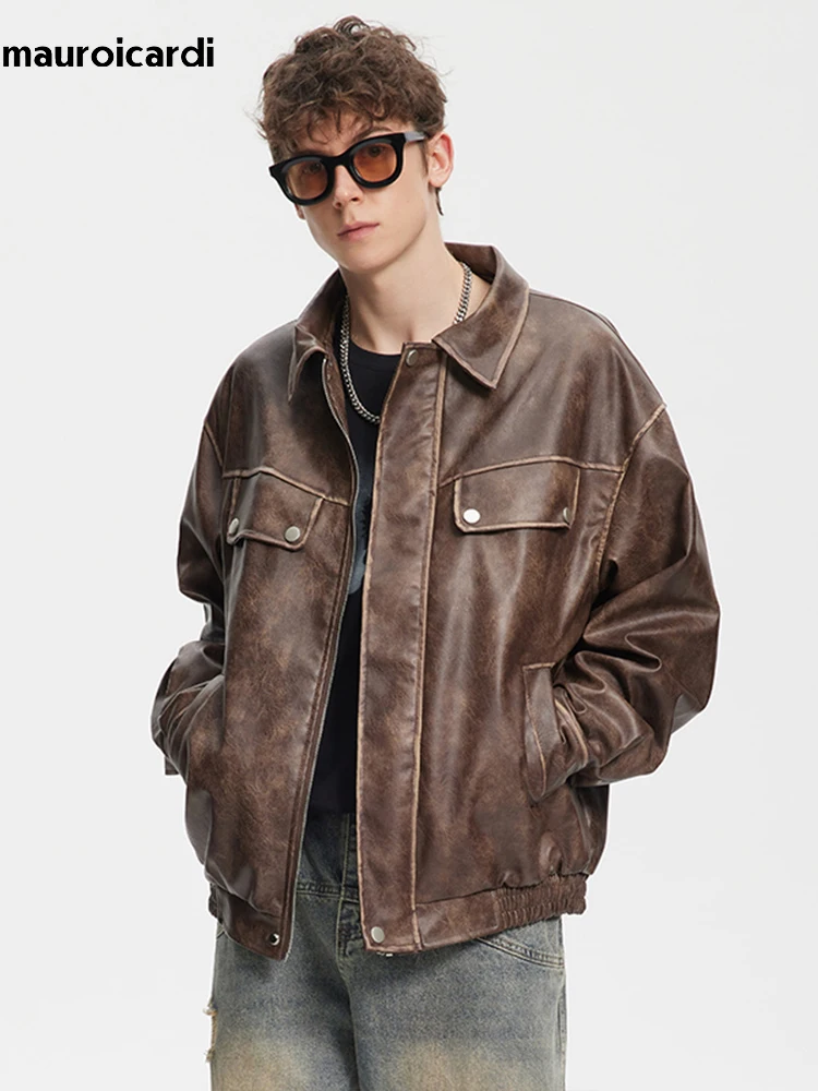 

Mauroicardi Spring Autumn Distressed Washed Brown Pu Leather jacket Men Zipper Luxury Designer American Vintage Clothes 2024