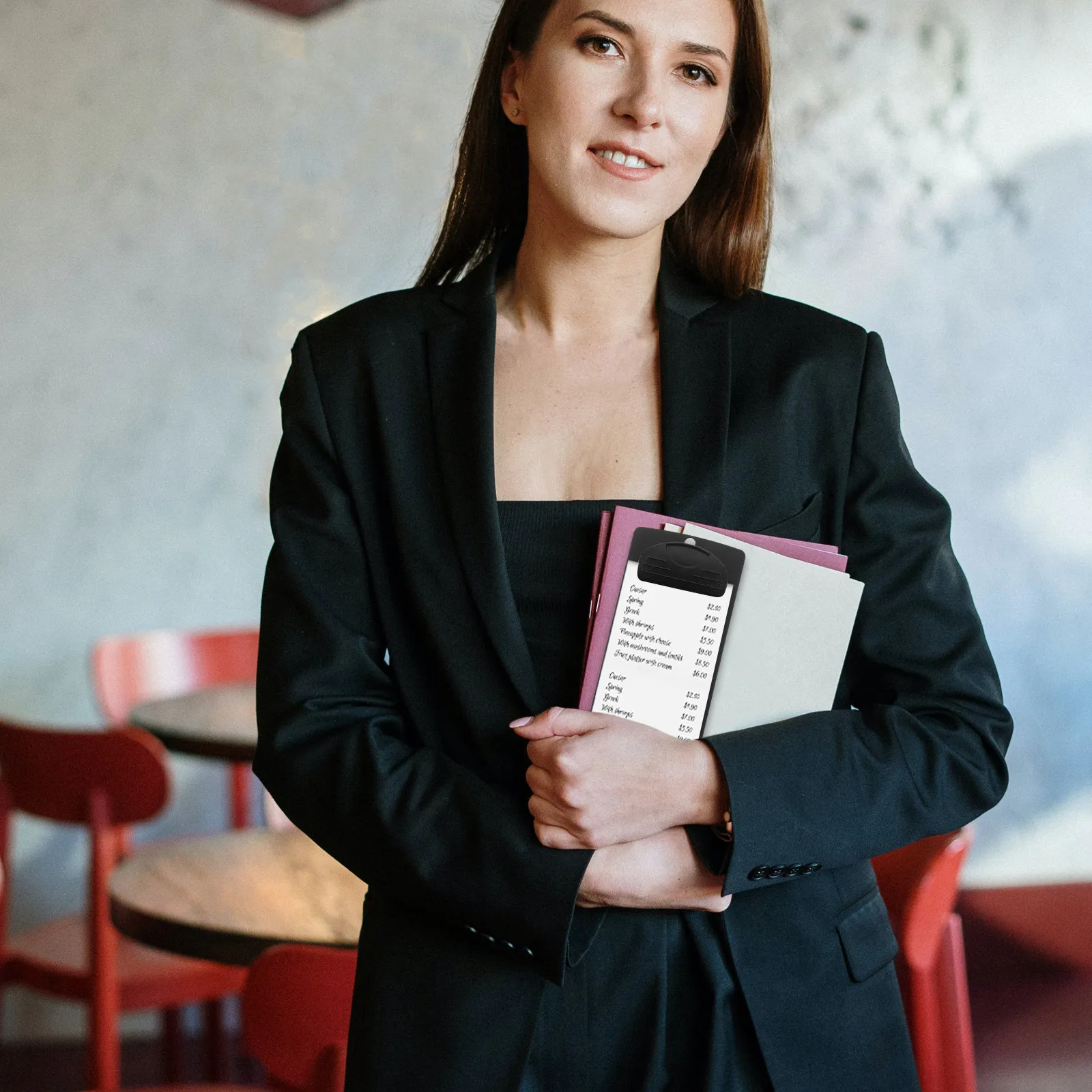 

4Pcs Black Plastic Menu Clipboard 8x18cm Compact Lightweight Foldable Writing Pad for Restaurant Tray Bill Organizer