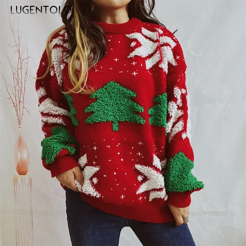 

Women Christmas Tree Sweaters Jacquard Autumn Winter Lady Casual Thickened Knitted New Year Pullover Clothing Lugentolo
