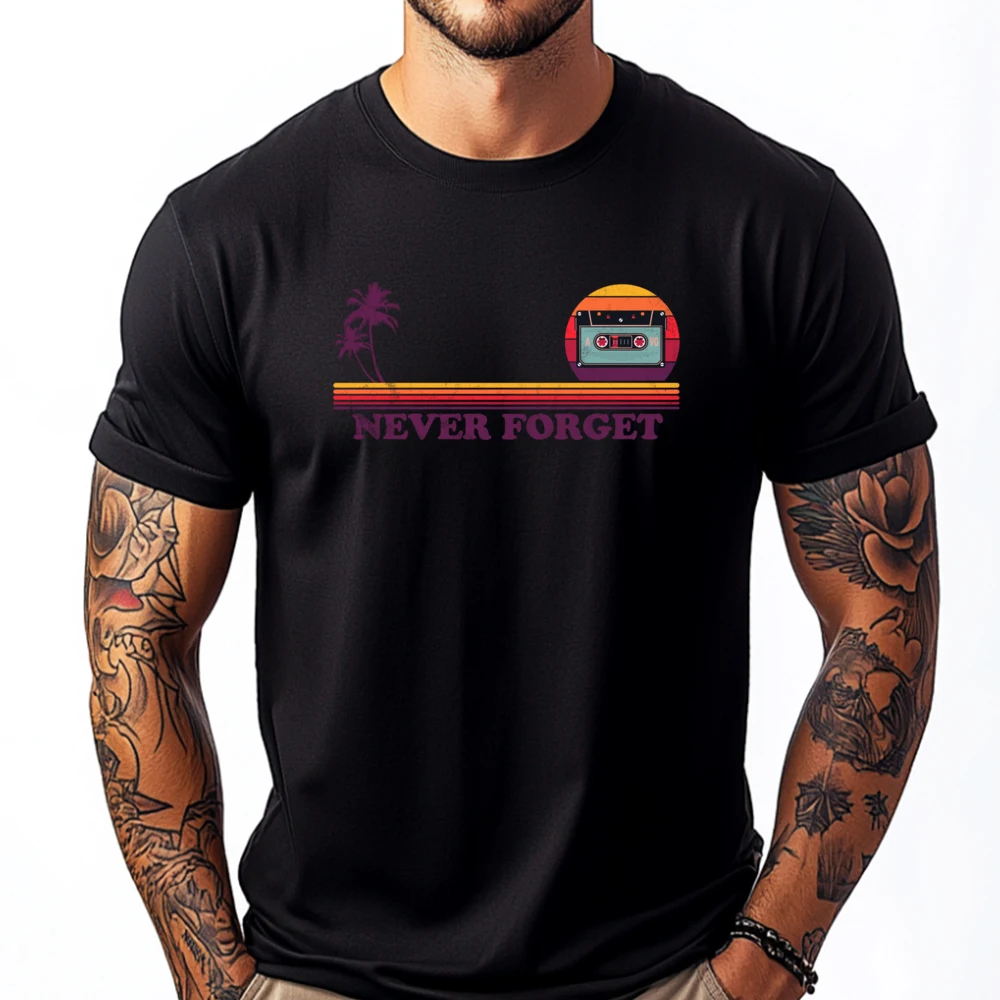 

Palm Trees Never Forget Cassette T Shirts For Men Men's Clothing T-shirts Normal Graphic Cotton Short Sleeve