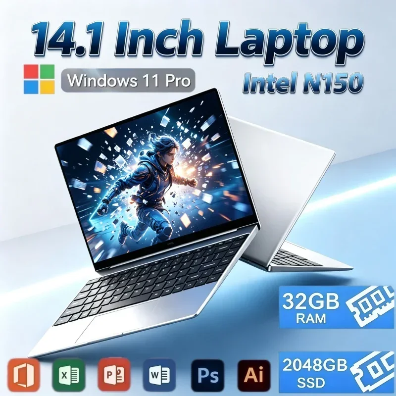 High‑Speed Running 14.1 Inch Notebook Intel N150 Windows 11 OS 32GB RAM 2TB SSD Portable Laptop For Office Entertainment