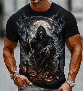 Herren Kurzarm-T-Shirt mit Rundhalsausschnitt, Halloween-Motiv mit Sensenmann, Kürbis und Fledermaus, lässige Party- und Streetwear-Oberteile – Detail 3
