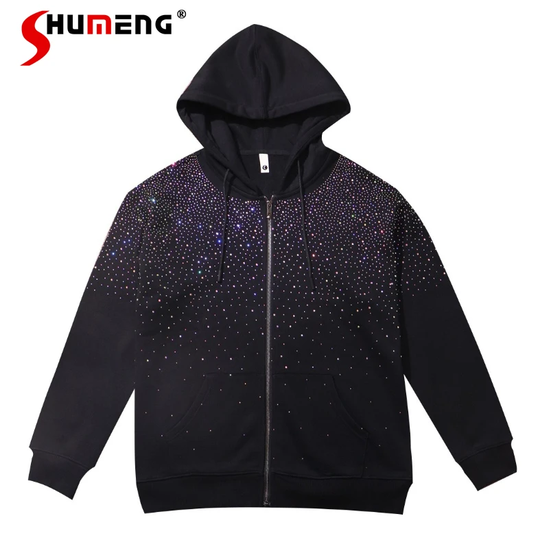 

Men Women 2025 Autumn Winter New Hooded Long Sleeve Sweatshirts Personality Hoodies Rhinestone Gradient Color Starry Sky Tops