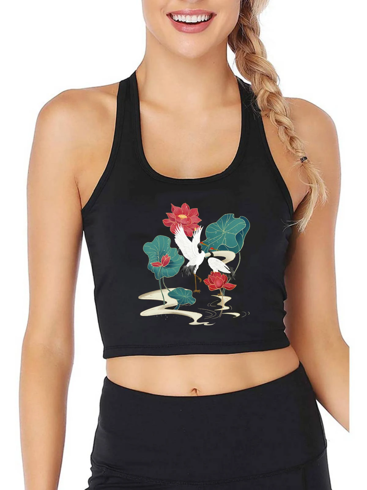 

Lotus And Crane Graceful Mood Graphic Sexy Slim Crop Top Women's Art Style Harajuku Print Tank Tops Sports Fitness Camisole