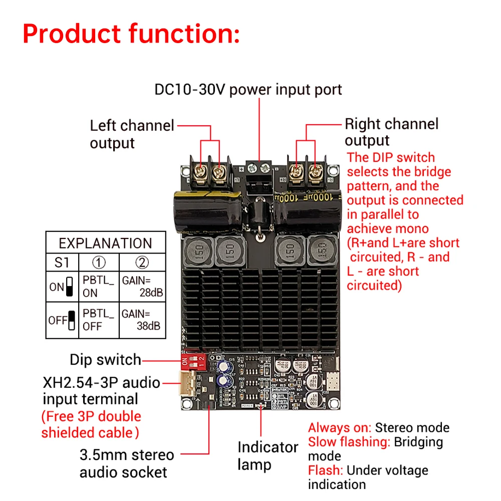 TPA3221 Zweikanal-Reinverstärkerplatine 100W+100W Brücken-Mono 200W Ausgang DC 10-30V ZK-2001 für Audioverstärkung – Detail 5