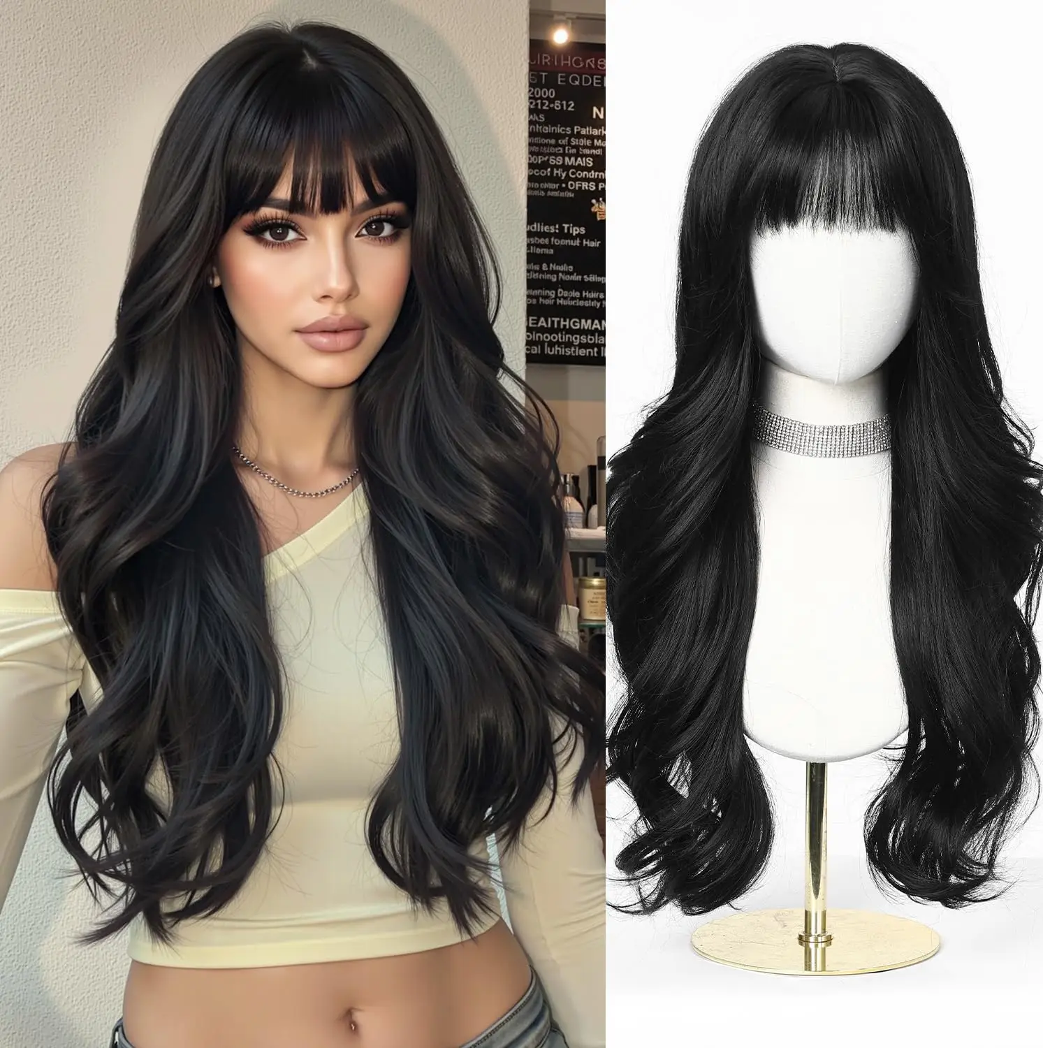 

Черный длинный волнистый синтетический парик для вечеринки, косплея на Хэллоуин, повседневного использования, высокотемпературный комплект аксессуаров для волос