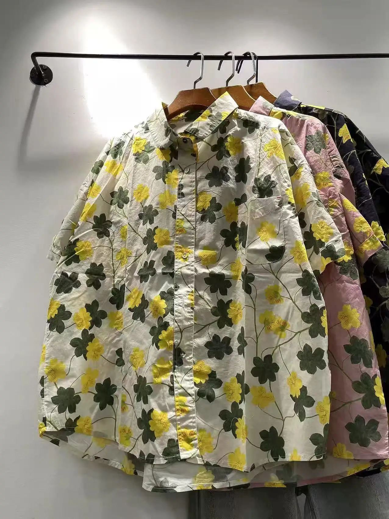 

Summer clothes woman 2026 Japanese style white blue pink floral oversized shirts 100% cotton short sleeve blouses Hawaiian shirt