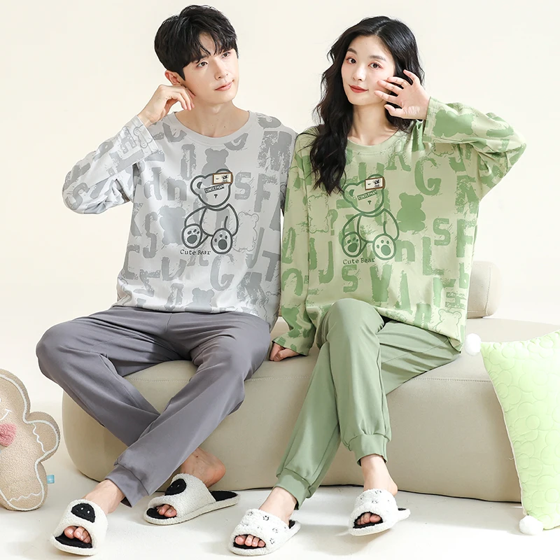 Korean Cotton Homewear Women and Men Matching Pajamas Set for Spring Couple\'s Cartoon Cute Sleepwear pijama pareja masculino