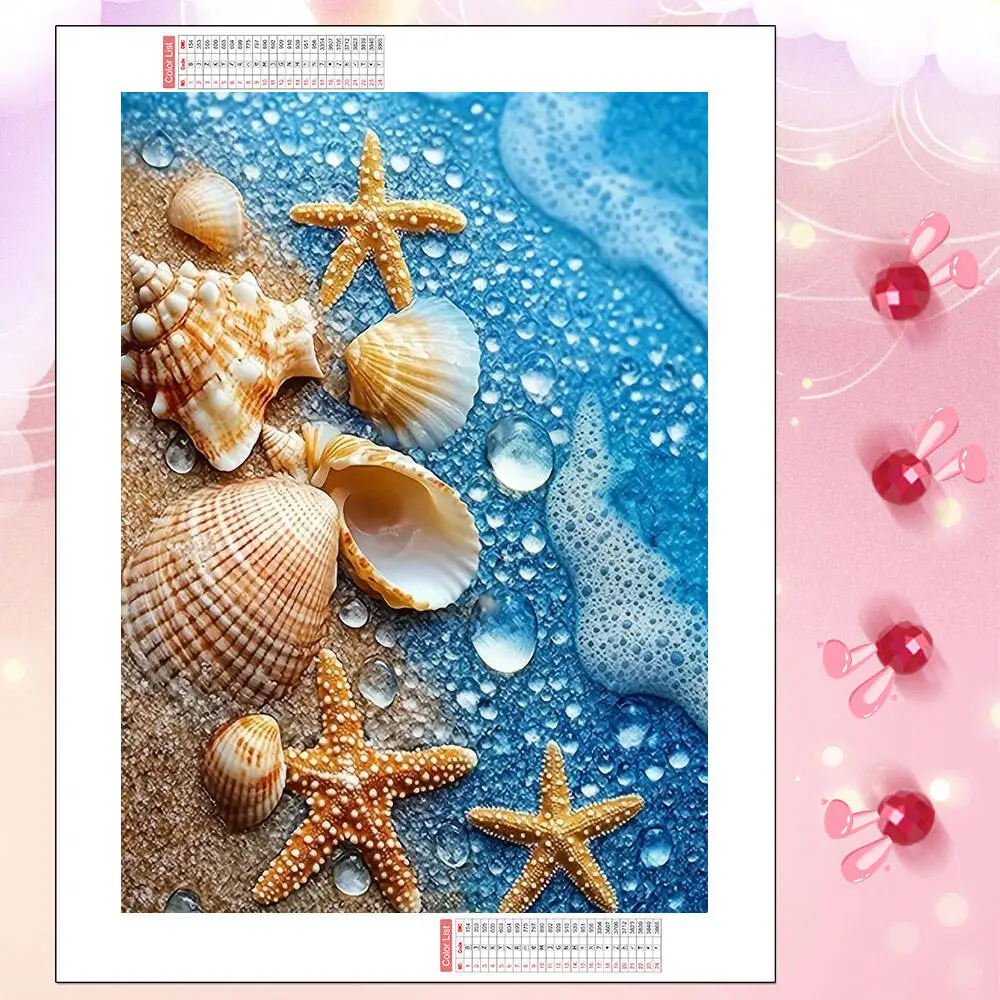 Frameless,Diamond Mosaic Seaside Shells Starfish Full Square Round Diamond Painting Home Wall Art Decoration