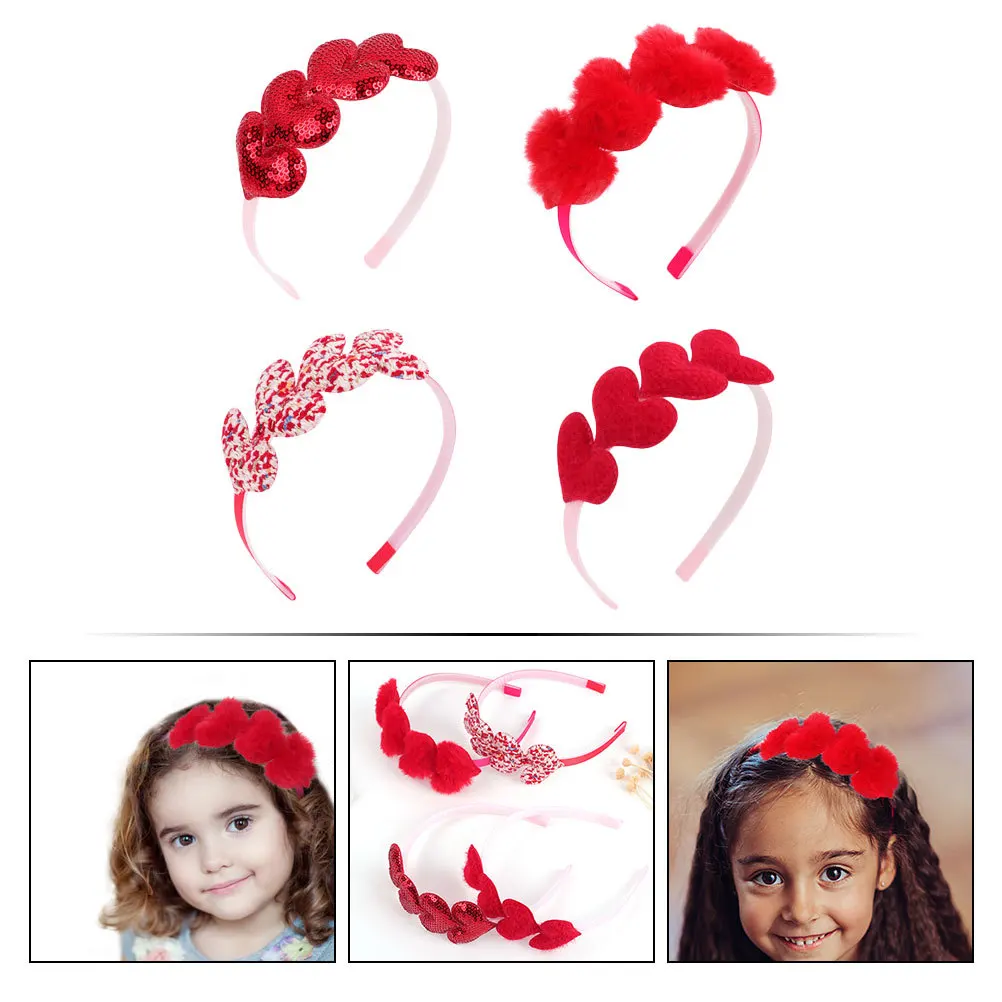 

4pcs Heart-Shaped Headbands Valentine'S Day Hair Accessories For Girls Party Wear Lovely Head Hoops Decorative Hairband Props