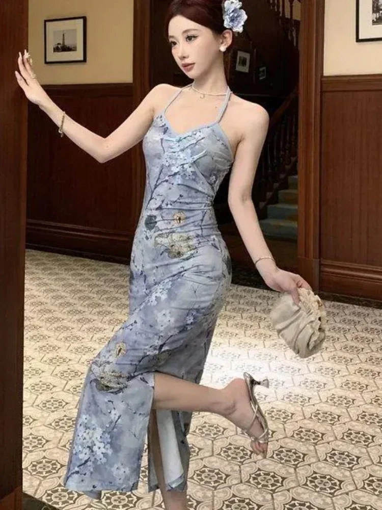 

Retro Halter Printed Evening Dresses Women Sexy Backless High Waist Slim Split Party Dress Temperament Sleeveless Robe