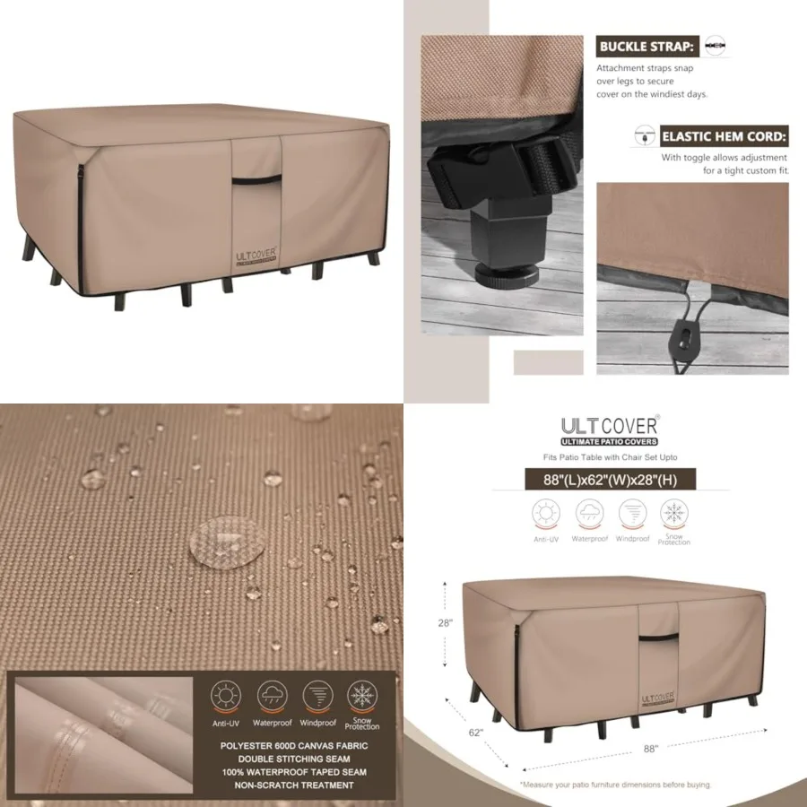 

Rectangular Patio Heavy Duty Table Cover - 600D Tough Canvas Waterproof Outdoor Dining Table and Chairs General Purpose Furnitu