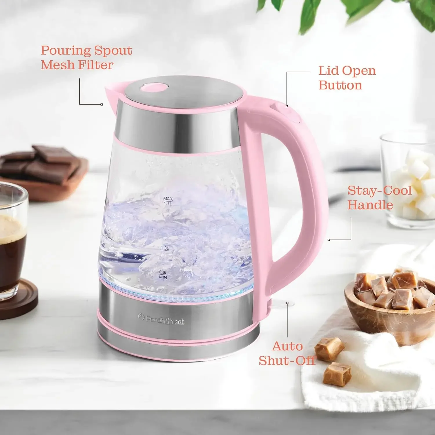 Bollitore elettrico-bollitore per acqua da 1,7 litri 1500W, bollitore per caffè e tè in vetro borosilicato, apertura ampia e facile da pulire, manico Cool Touch,