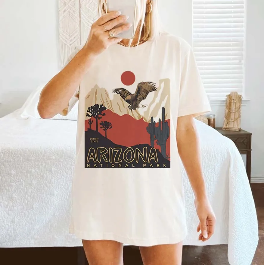 Arizona National Papk T-Shirts for Women Oversized Short Sleeve Vintage Surf Graphic Tees Palm Tree Summer Vacation T Shirt Tops