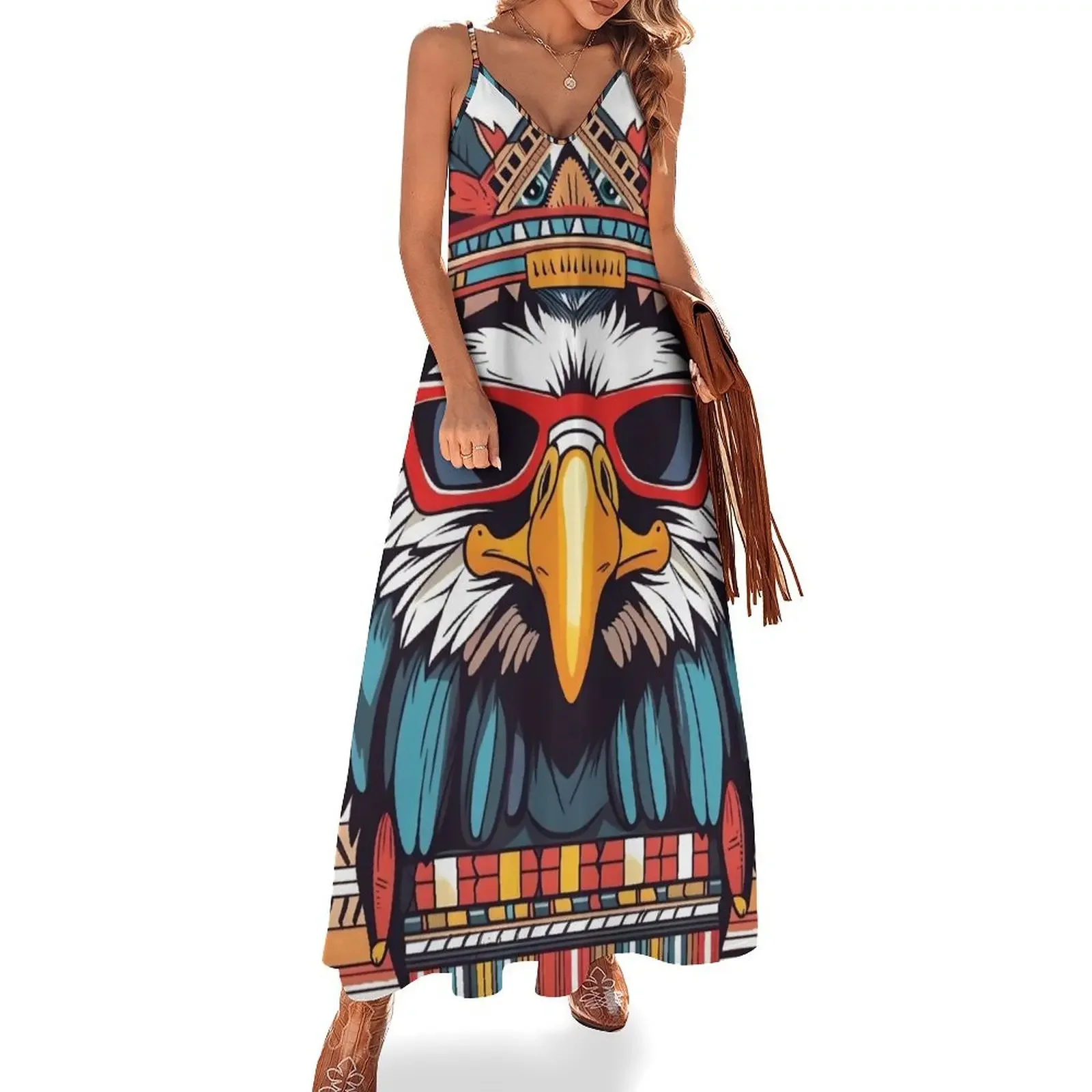 

Funky Aztec History Eagle Warrior with Sunglasses Aztec Sleeveless Dress beach dresses Dress vintage