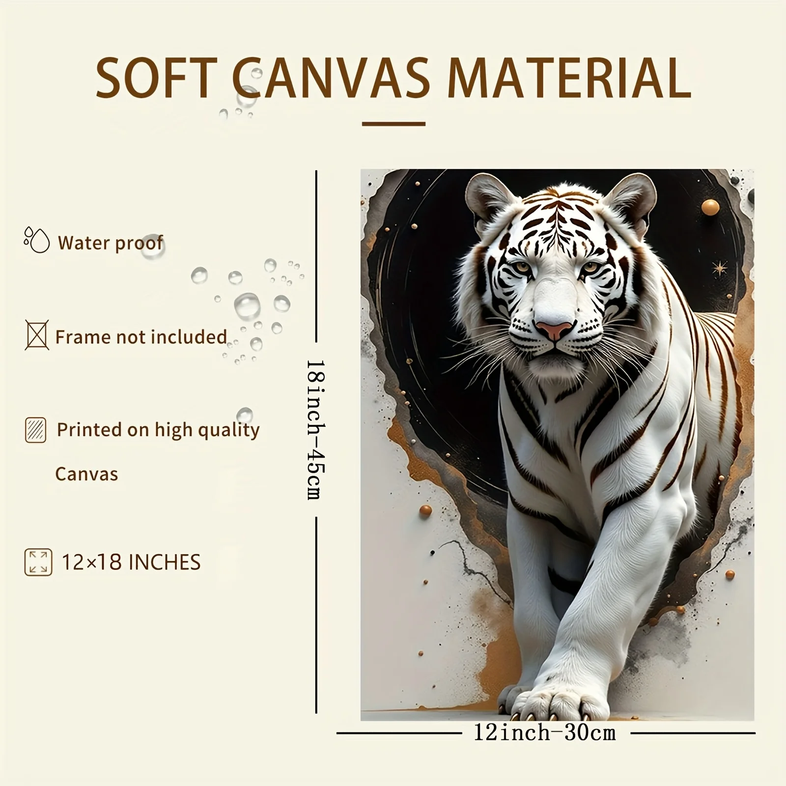 White Tiger with Cosmic Background Canvas Print – 3D Illusion Art, Bold Animal Design, Frameless , for Home Office Decor