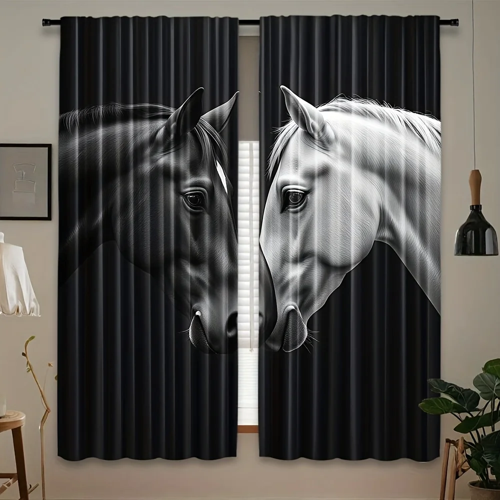 Blackout Curtains with Realistic Horse Head Print, Monochrome Equine Animal Window Drapes, Modern Farmhouse Bedroom Living Room