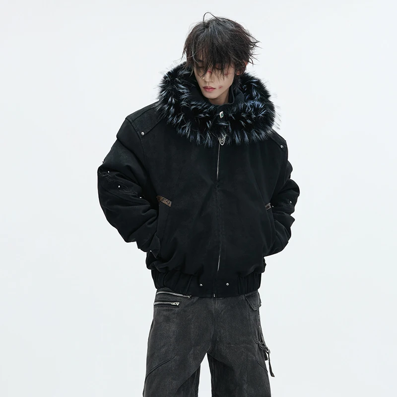 LUZHEN 2025 Winter New Thickened Warm Hooded Padded Coat Men Fashion High Quality Faux Fur Liner Solid Color Street Parka JY5694