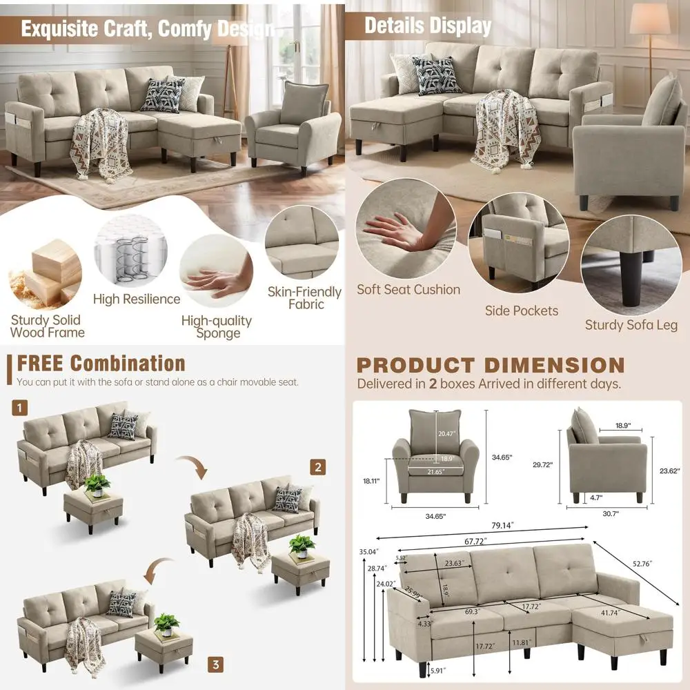 

2-Piece Sectional Sofa Set with Storage Ottoman and 3+1 Beige Fabric Living Room/Office Sofa