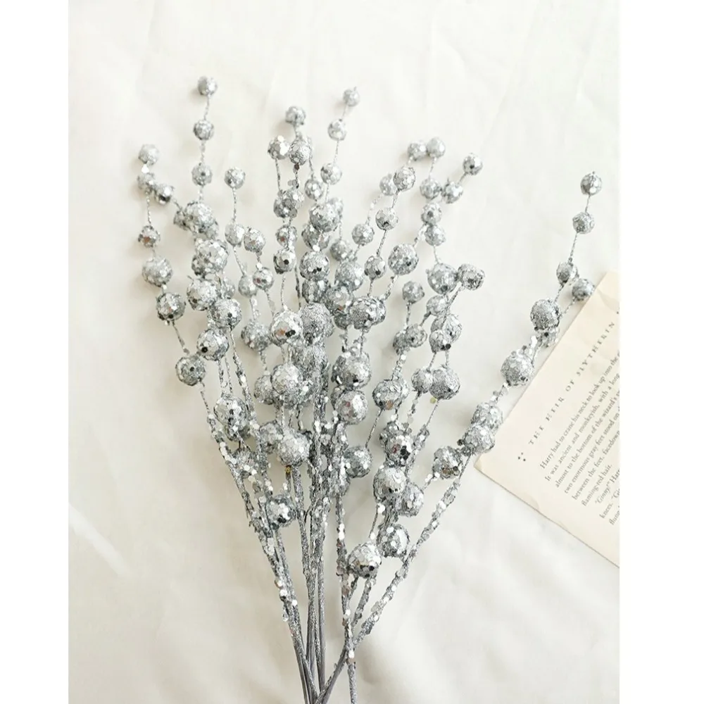 10PCS 40CM Christmas Glitter Branches Sequins Artificial Christmas Berry Stem Plastic Handmade Fake Glitter Berry Stem Ornaments