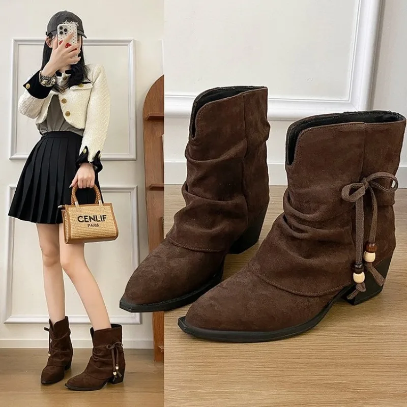 

Vintage Women Ankle Boots Fashion Pointed Toe Shoes Autumn Winter High Heel Ladies Elegant Stretch Slim Short Booties Plus Size