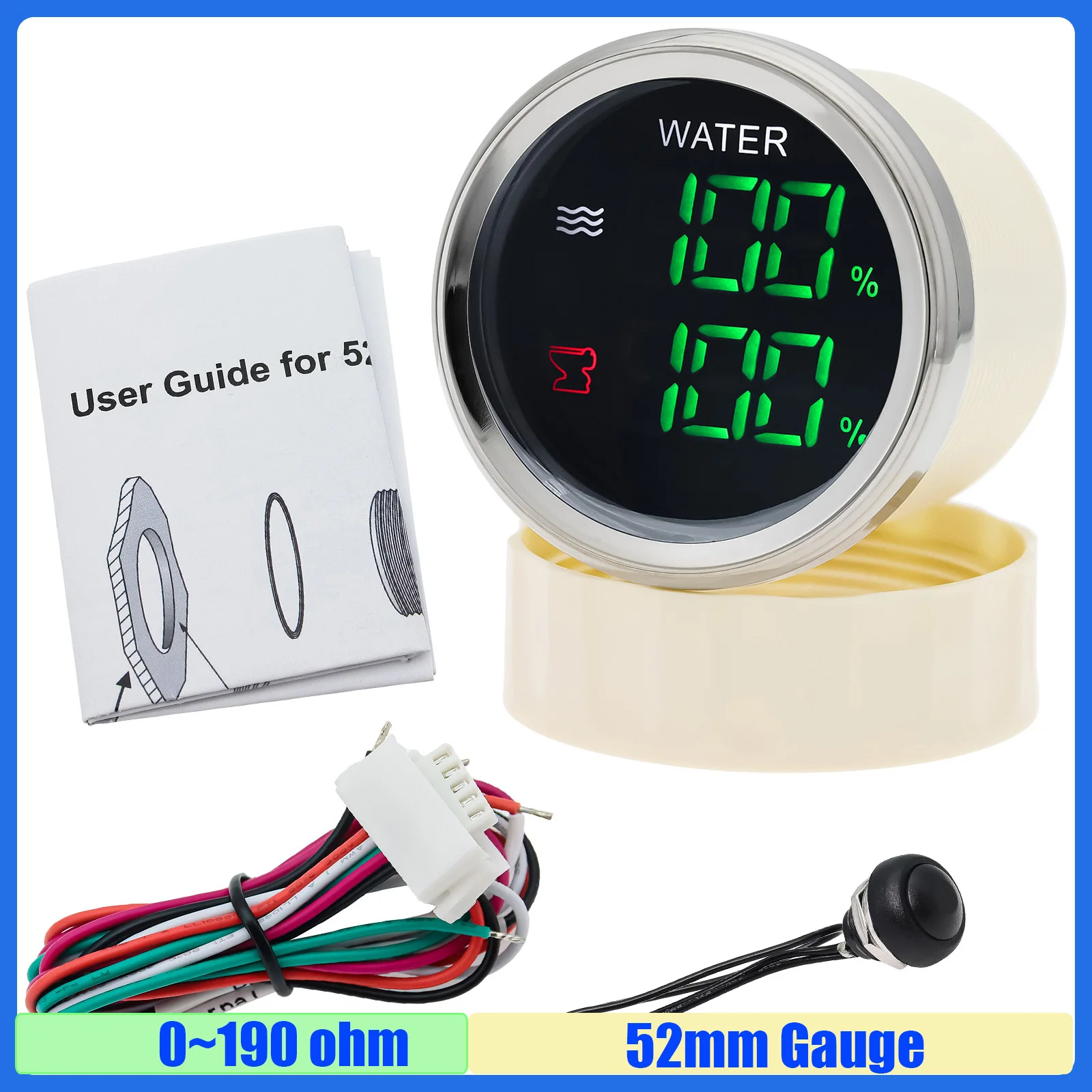 Groene LED Digitale 2 IN 1 52 mm meter met alarm 0-190ohm waterniveaumeter + afwasserniveaumeter voor waterrioolniveausensor auto - afbeelding 1