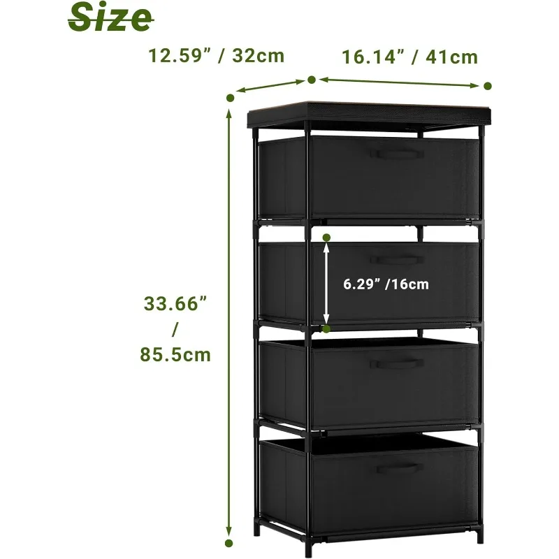 Dresser with 4 Fabric Drawer Solid Wood TV Stand Desktop Sturdy Metal Support Tube Cube Storage Cabinet