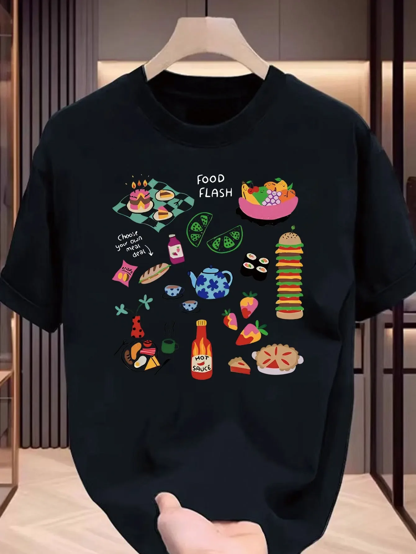 Cute Hand Drawn Multicolor All Kinds of Food Print Men's 100% Cotton T-shirt Casual O-neck Short Sleeve Streetwear Tops