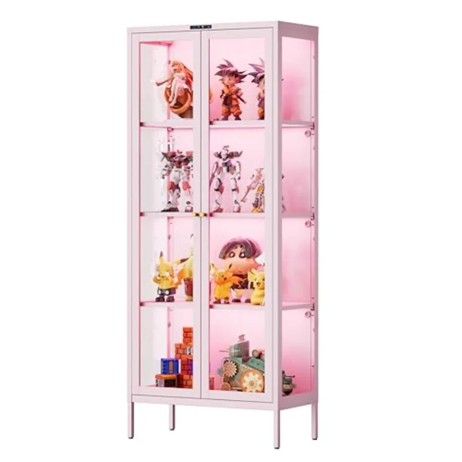 Display Cabinet with Glass Doors for Collectibles, Acrylic Construction, White, 8 Color LED Lights