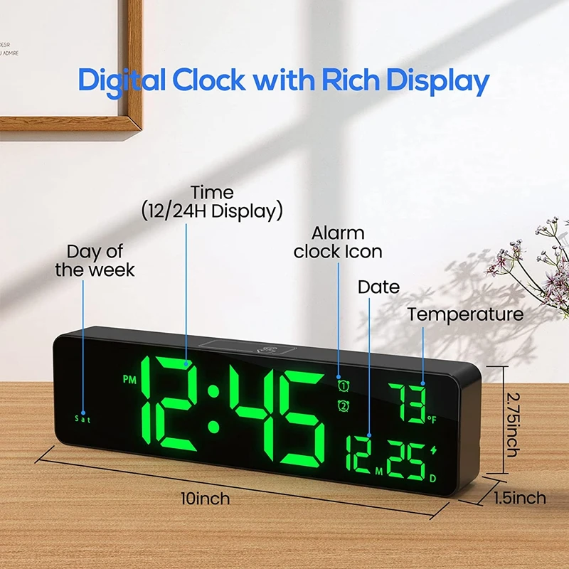 10Inch LED Digital Wall Clock Smart Brightness Touch Control Time Date Indoor Temperature 2 Alarm Clocks Snooze Large Desk Clock