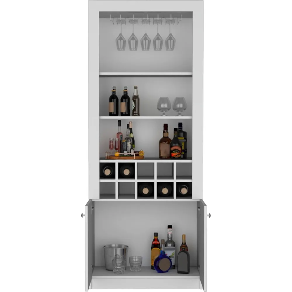 Modern Tall Bar Cabinet - 4-Tier Storage Solution for Wine, Liquor, and Stemware - Includes 10-Bottle Wine Rack, Stemware Rack