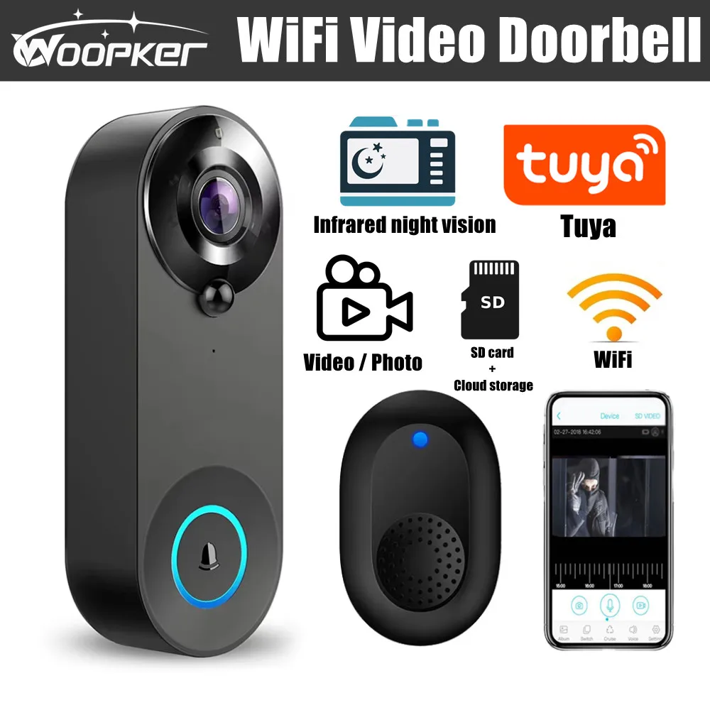 

Woopker Wi-Fi видео дверной звонок 1080P Tuya умный беспроводной дверной звонок ночного видения домашняя безопасность обнаружение движения двери 4400 мАч камера звонка