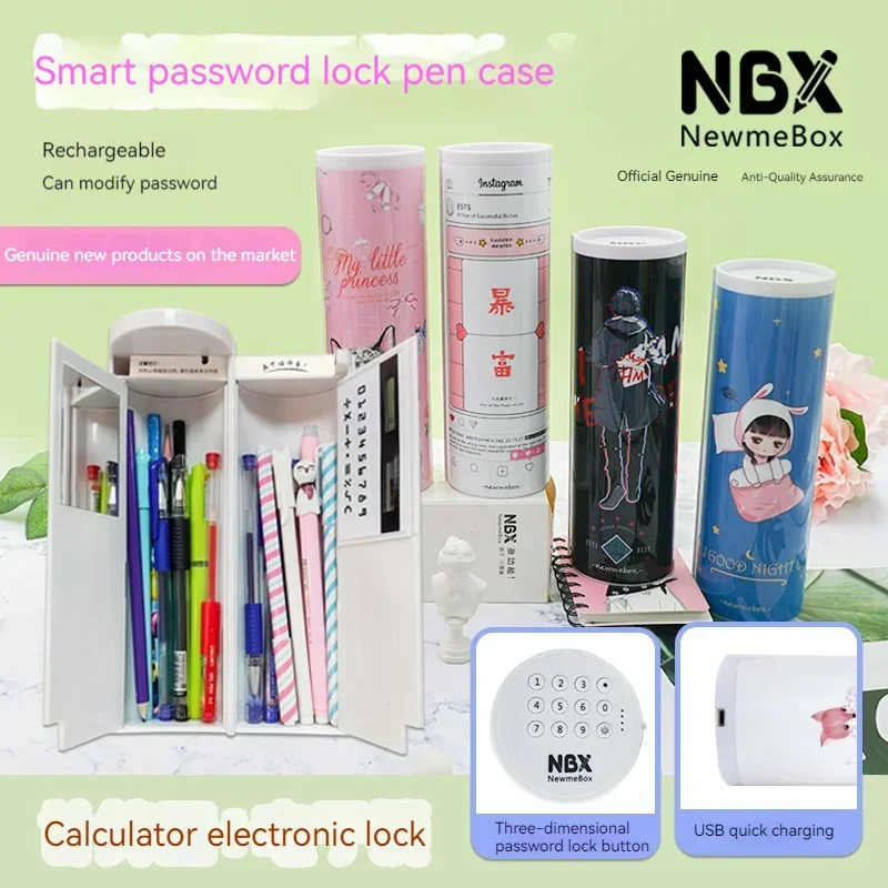 Imagem -02 - Nbx-senha dos Desenhos Animados Padrão Lápis Cases Pen Holder Grande Capacidade Papelaria Box Coded Lock Home Office e Bolsa de Armazenamento de Escola