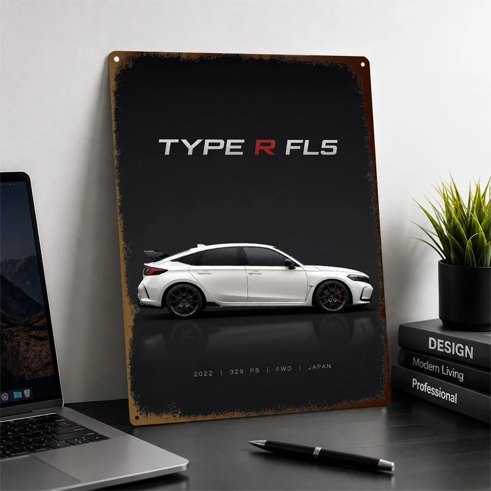 Japan Type R FL5 White Sports Car Textured Poster Customized Metal Tin Sign Speed Icon Tribute Wall Art Made For Garage Owners