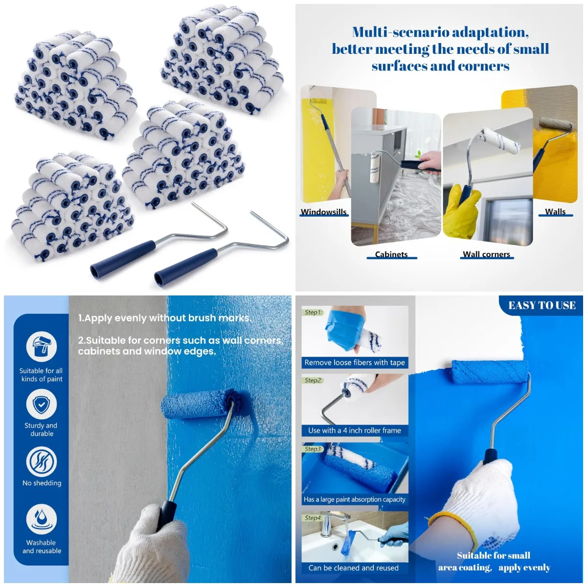 

4 Inch Microfiber Paint Roller, 100 Pack Mini Covers with Frame for Wall Painting