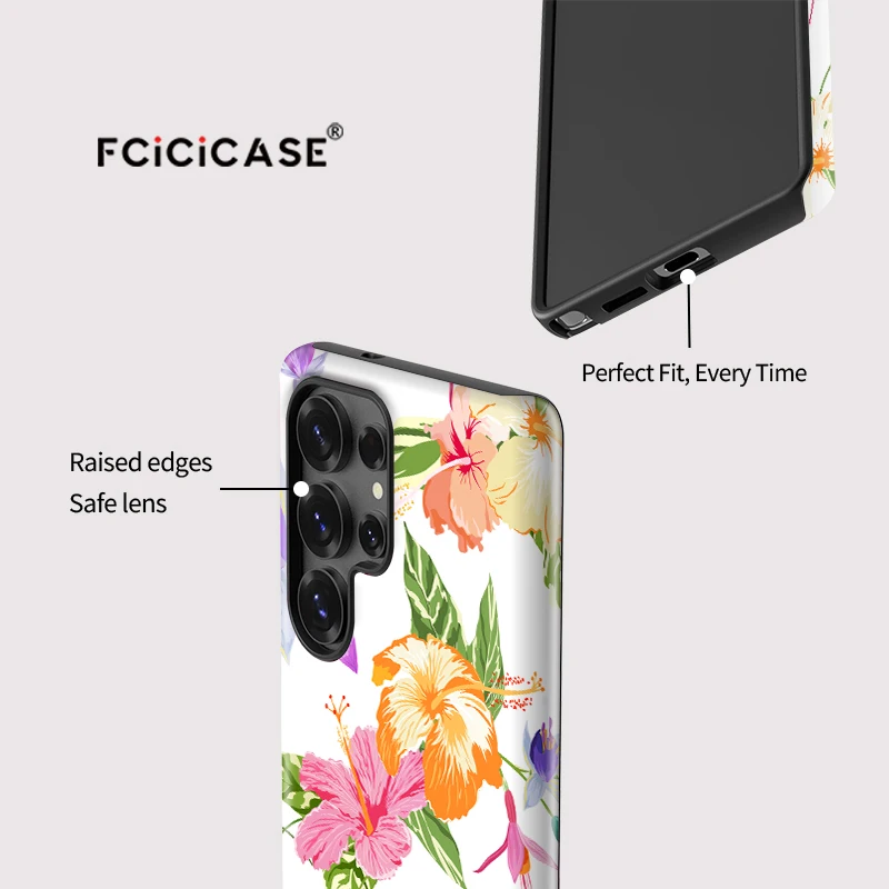Fcicicase طبقة مزدوجة PC حافظة هاتف من البولي يوريثان لهاتف سامسونج جالاكسي A26 A56 A16 A36 S20 FE S24 Plus S25 Ultra S23 غطاء نمط زهرة