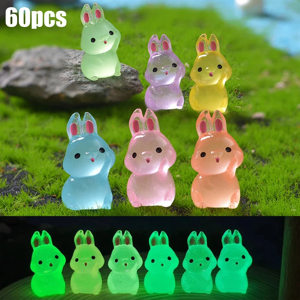 60 Pcs Luminous Resin Rabbit Figurines Miniature Sculptures For Garden Landscape Fairy Garden Doll House DIY Accessories