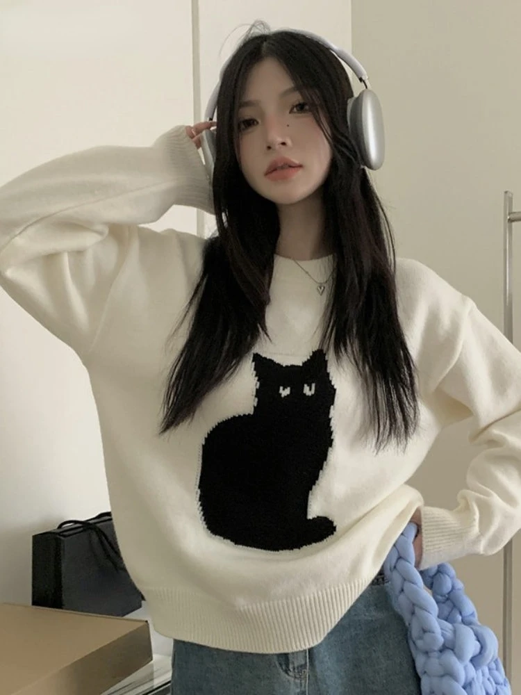 Sweet Cartoon Cat Knit Jumper Women Warm Sweater Women Japanese Loose Vintage Knit Fashion Top Kawaii Girls ins Winter 2022 New