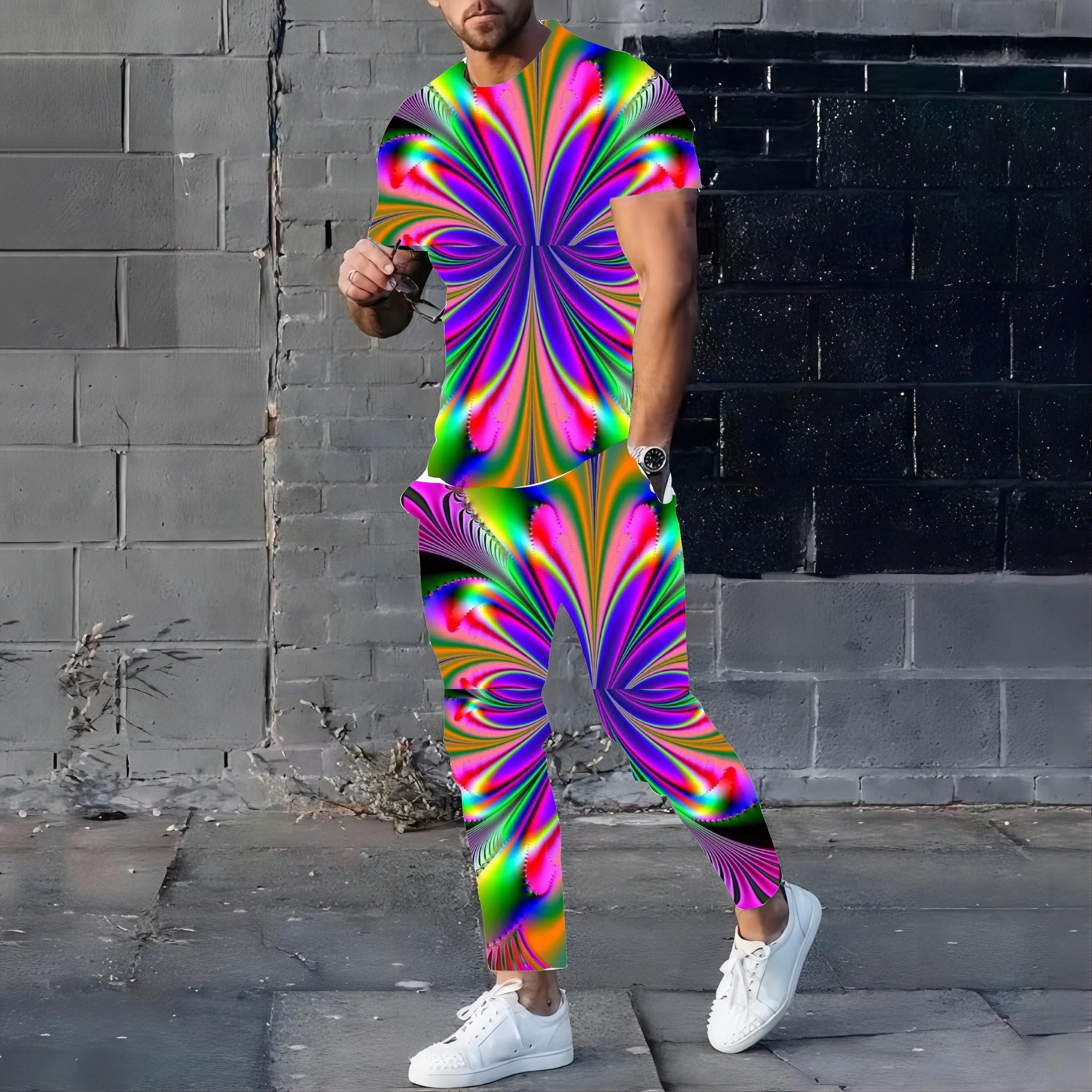 Psychedelic Dizziness 3D Print Men Sportswear Set Casual Short-Sleeved T Shirt Pants 2-Piece Set Oversized Pullover Men Clothing