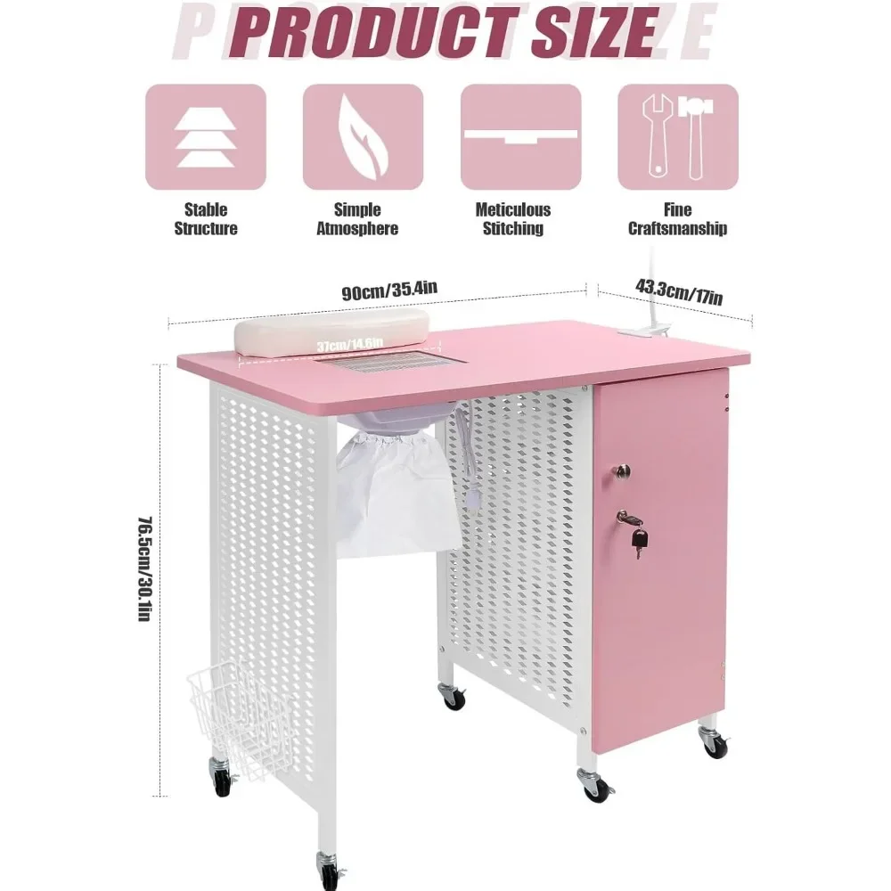 Manicure Nail Table, Mobile Nail Station with Nail Dust Collector, 4 Drawers, LED Lamps, Wrist Rest for Home Technician