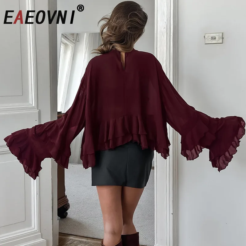 

EAEOVNI Summer Sunscreen Women Blouse Chiffon Ruffles Flare Sleeve Design Pullover Tops Fashion 2025 New Clothing 1A1215
