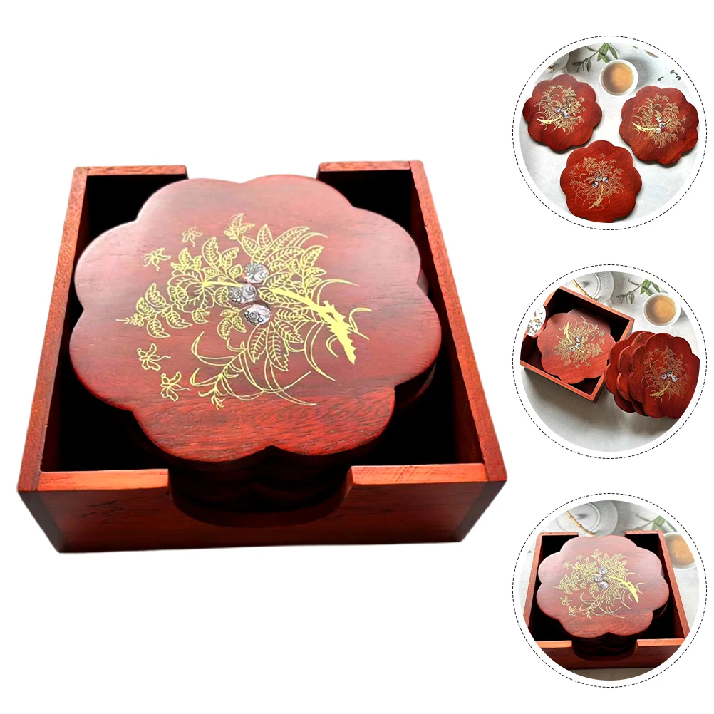 

1 Set Wooden Coasters Set Heat Insulation Red Sandalwood Trivets For Hot Pots Pans Drinks Non-Slip Coasters With Holder