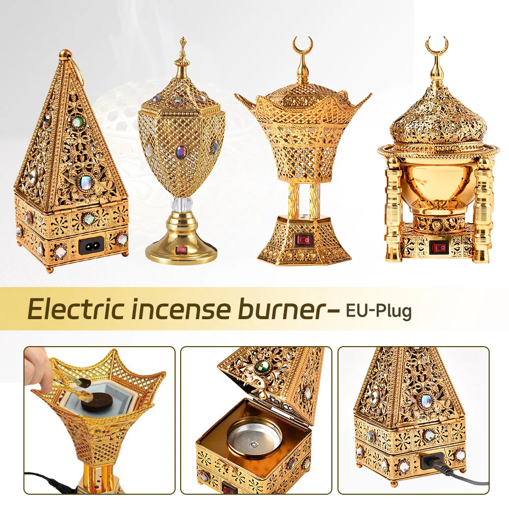 

Electric Incense Burner Middle East Eid Ramadan Incense Burner Golden Ornament Arabia Sandalwood Fragrance Stove Home Decor